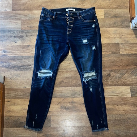 KanCan Dark Blue Distressed Skinny Jeans Mid Rise - Picture 1 of 6